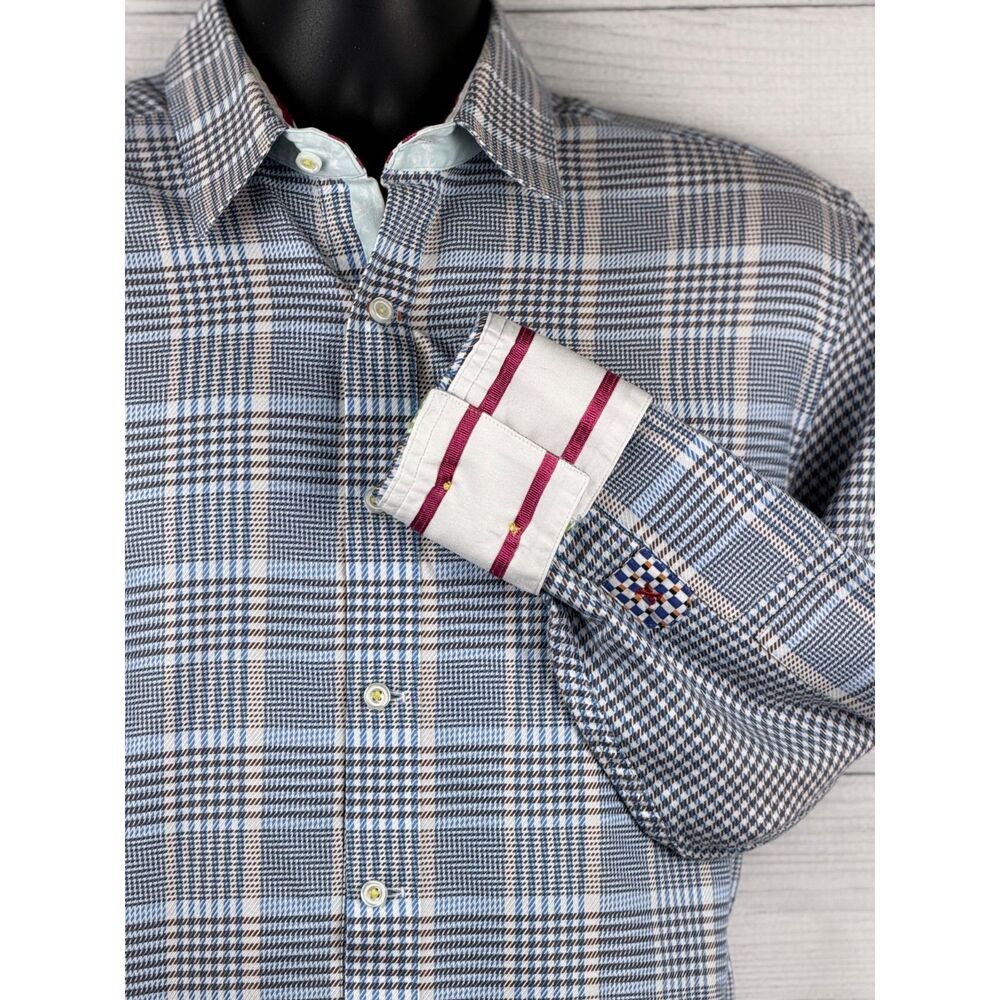 Robert Graham Shirt Mens M Blue Brown Plaid Flip Cuff Button Up Long Sleeve